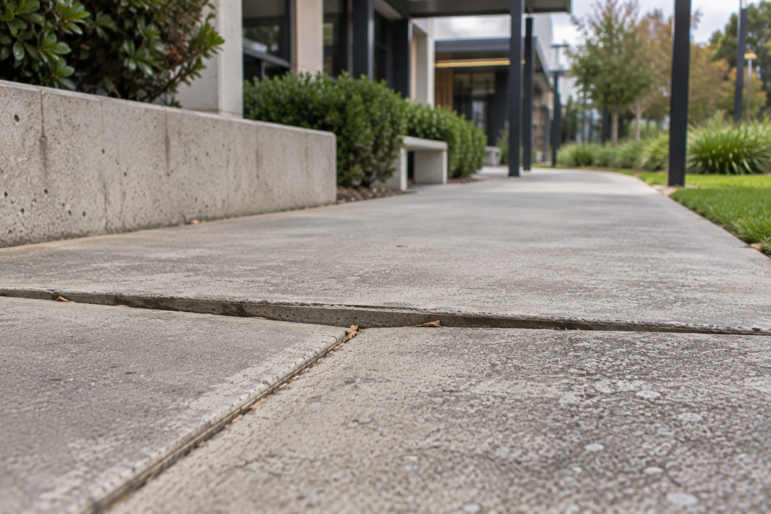 Close-up of a raised concrete footpath joint — a real trip hazard