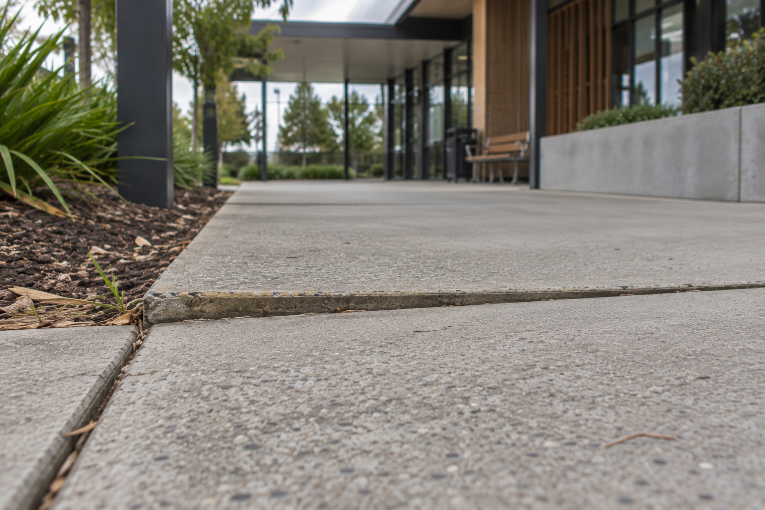 Close-up of a raised concrete joint along a covered walkway