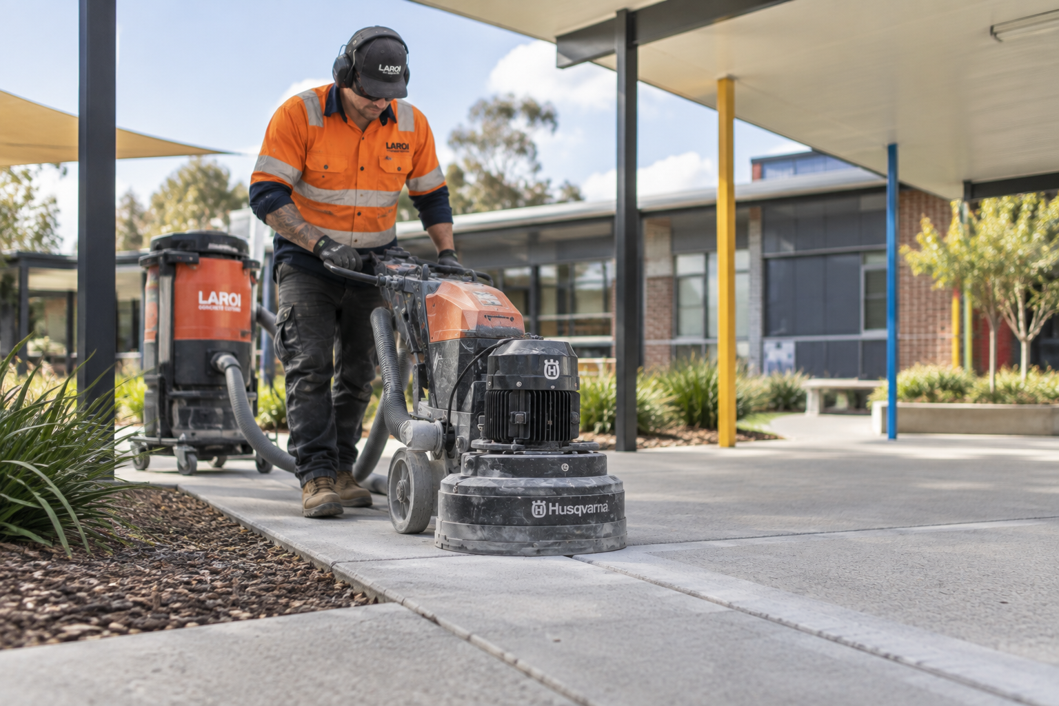 Laroi Concrete Cutting grinding a footpath hazard under a covered walkway at a school