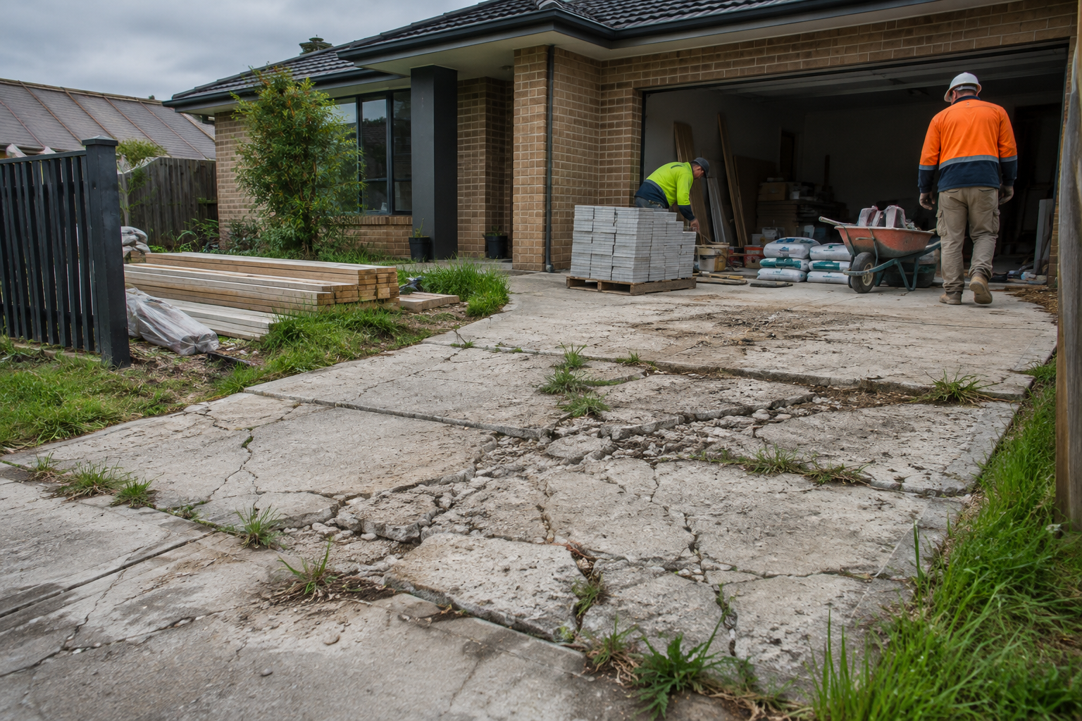 Cracked, damaged concrete slab ready for removal
