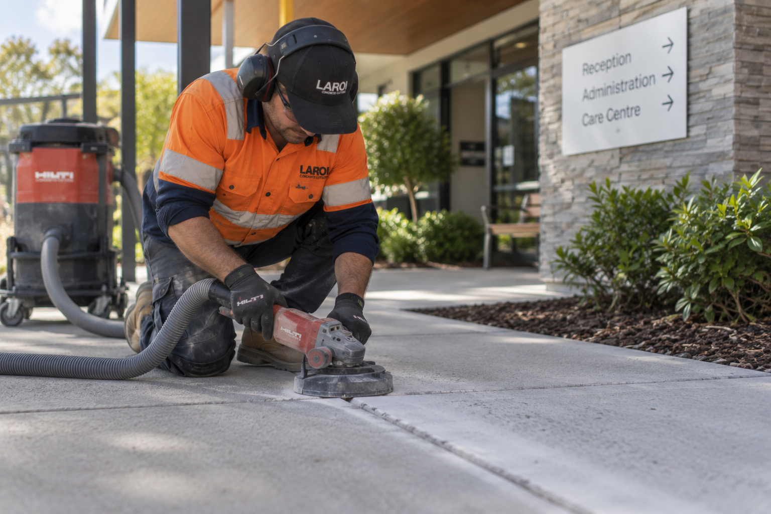 Laroi Concrete Cutting grinding back a raised joint at an aged care facility entrance