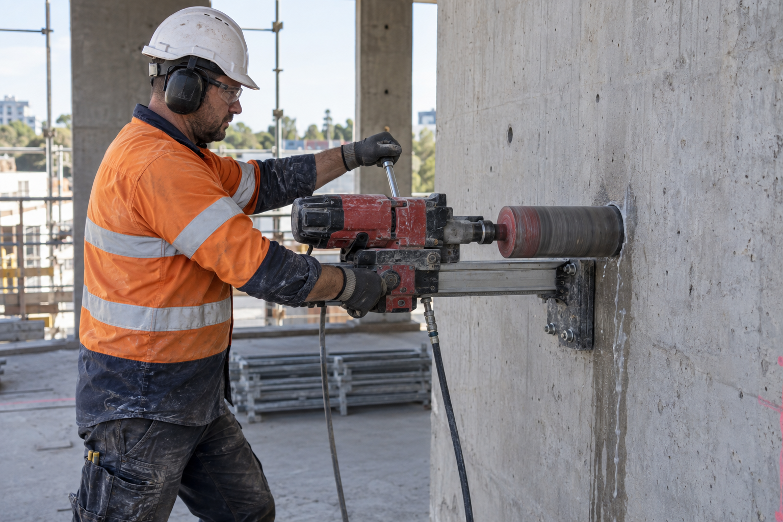Diamond core bit drilling through concrete on site