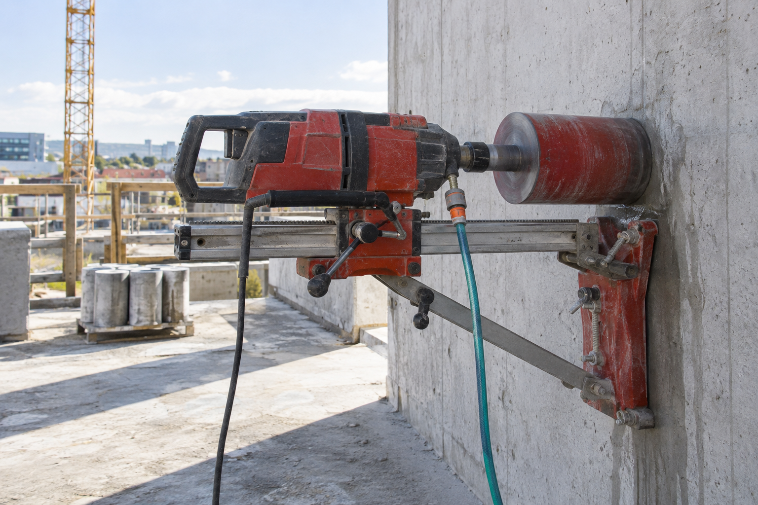 Laroi Concrete Cutting core drilling rig set up on a concrete wall, ready to drill