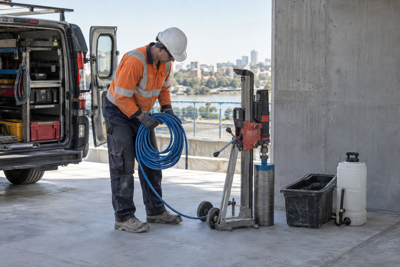 Laroi operator setting up and packing down a core drilling job on a tidy site